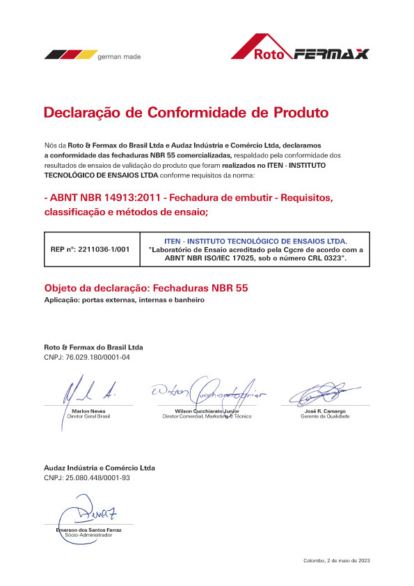 Declaração Conformidade Fechaduras NBR > ABNT 14913:2011